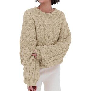 Women's Dark Khaki Spring Fall Cable Knit Long Sleeve Crewneck Oversized Sweater